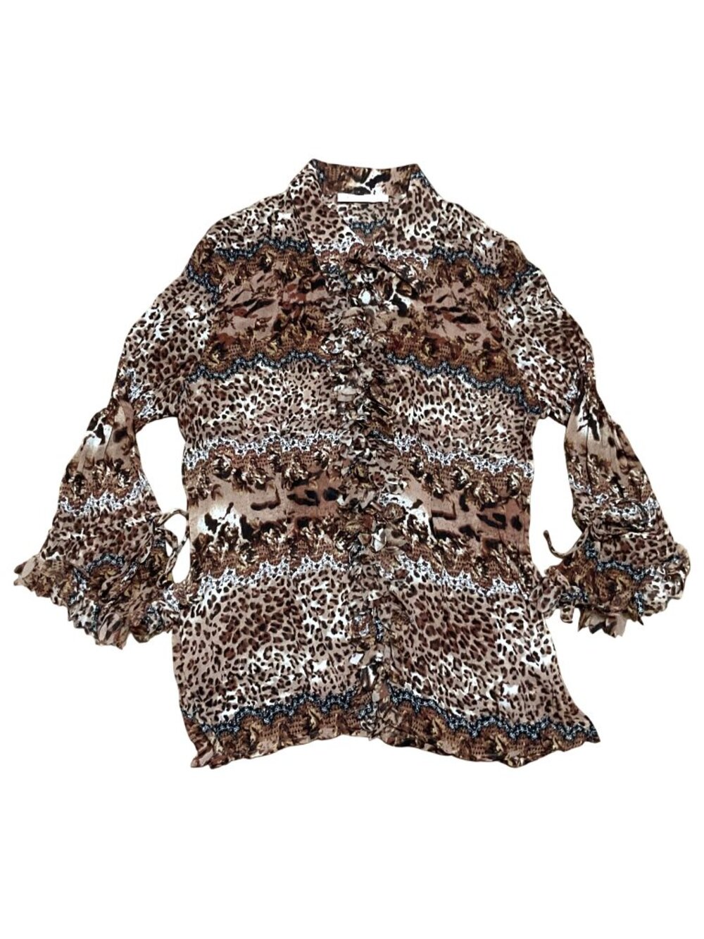 Le Caviar Animal Print Ruffle Button-Down Blouse Sz L W/ 3/4 Tie Sleeves Womens